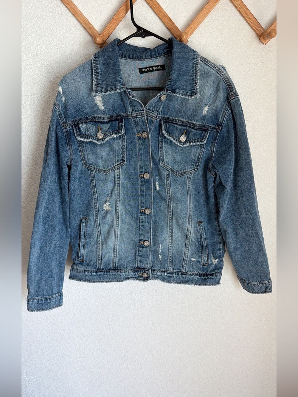 Insane Gene Medium Blue Distressed Denim Jacket for Women - Size Small